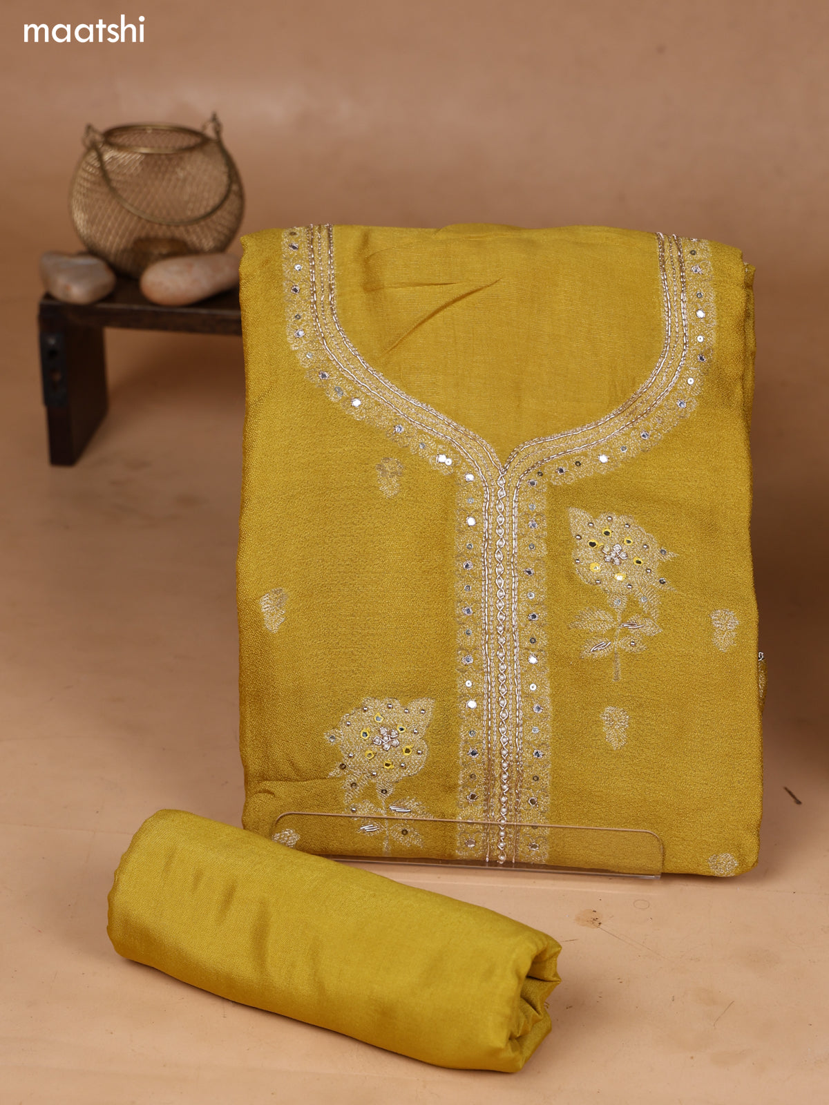 Yellow Art Silk Dress Material With Zari Buttas & Embroidery Work Neck Pattern and Bottom & Dupatta