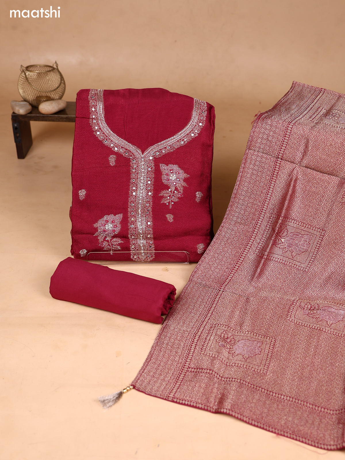 Maroon Art Silk Dress Material With Zari Buttas & Embroidery Work Neck Pattern and Bottom & Dupatta