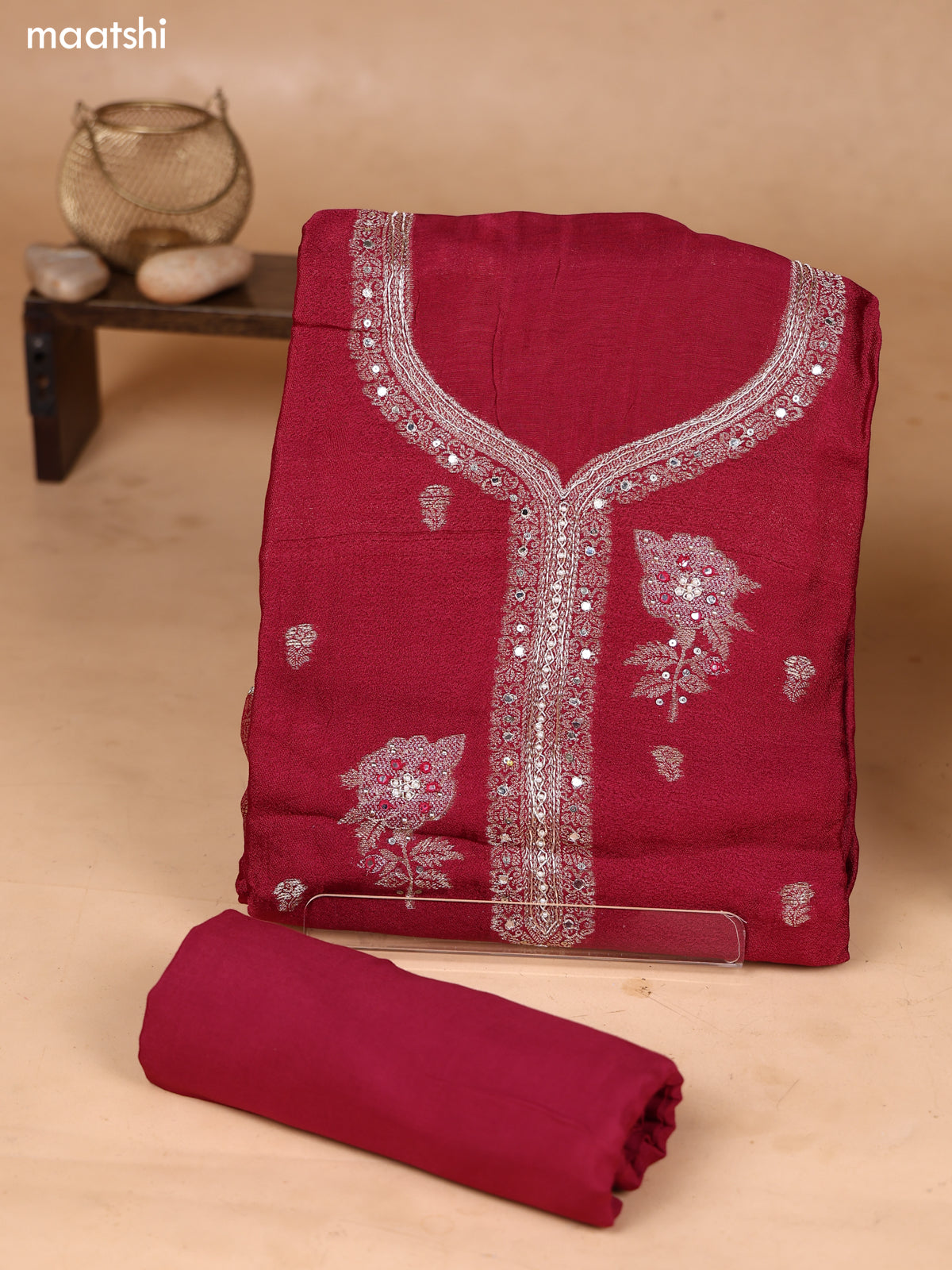 Maroon Art Silk Dress Material With Zari Buttas & Embroidery Work Neck Pattern and Bottom & Dupatta