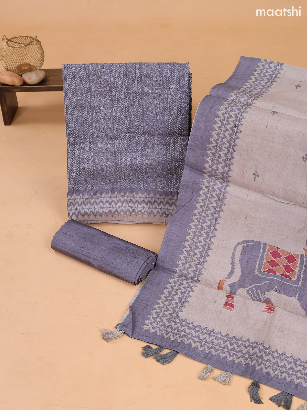 Elephant Grey Art Tussar Dress Material With Allover Embroidery Work Pattern and Bottom & Dupatta