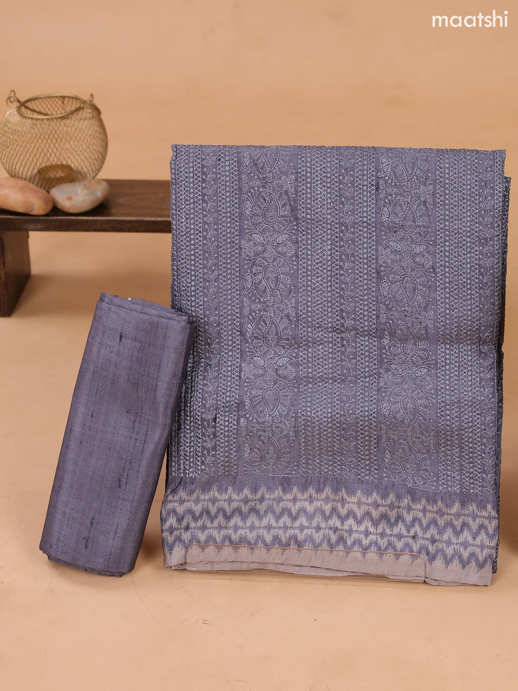 Elephant Grey Art Tussar Dress Material With Allover Embroidery Work Pattern and Bottom & Dupatta