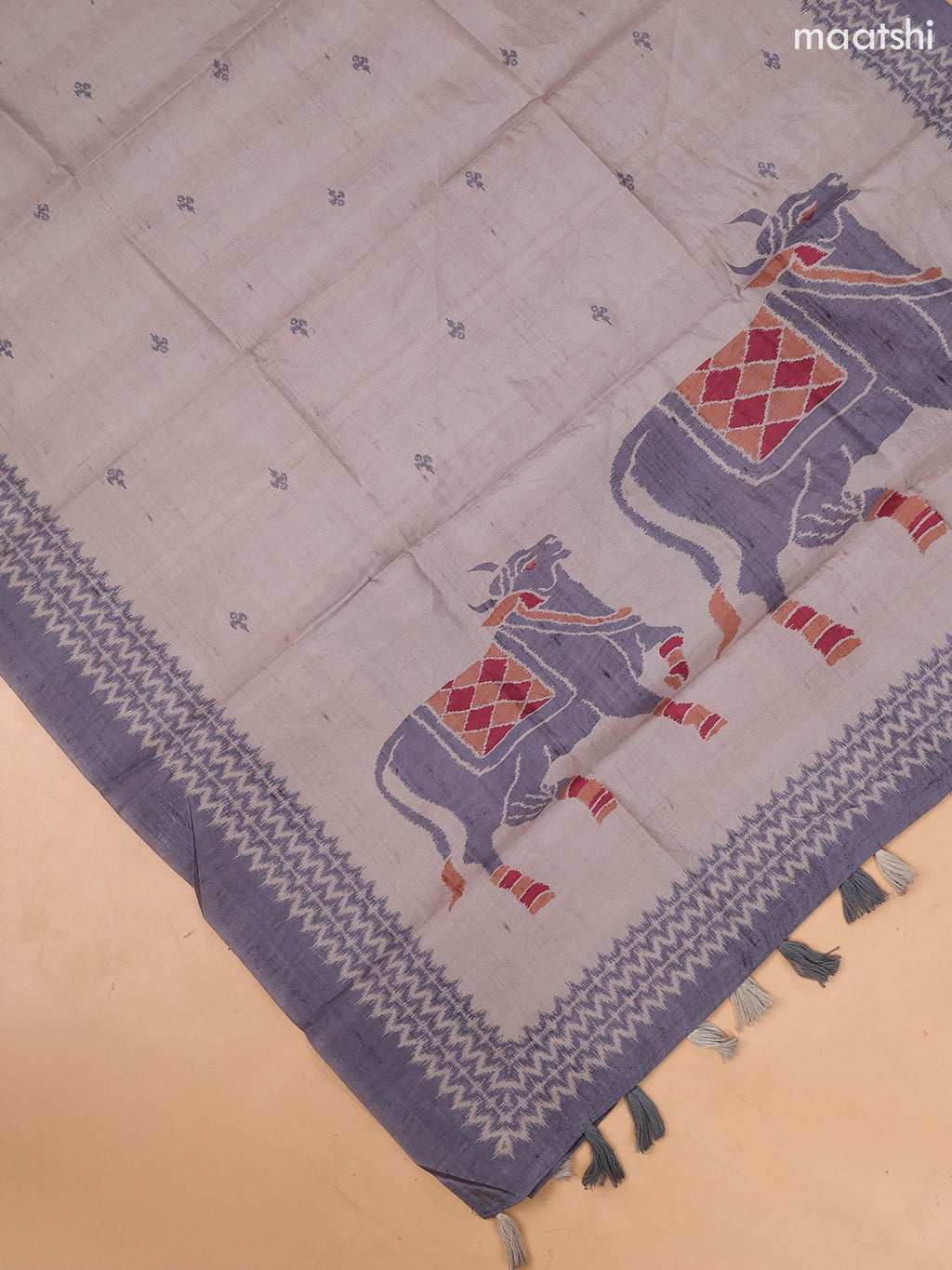 Elephant Grey Art Tussar Dress Material With Allover Embroidery Work Pattern and Bottom & Dupatta