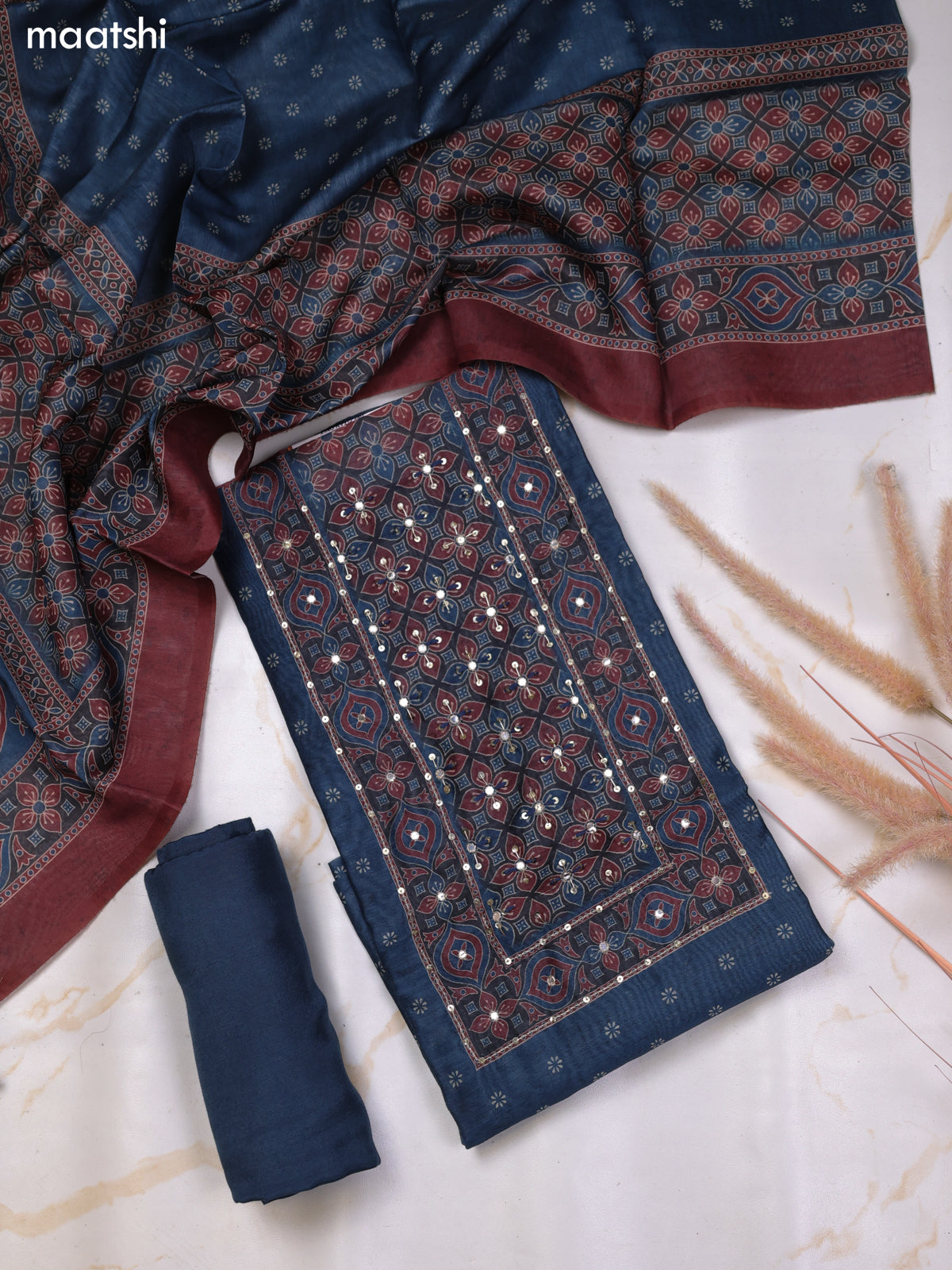 Blue and Maroon Chanderi Dress Material With Butta Prints & Pitta Work Neck Pattern and Bottom & Dupatta