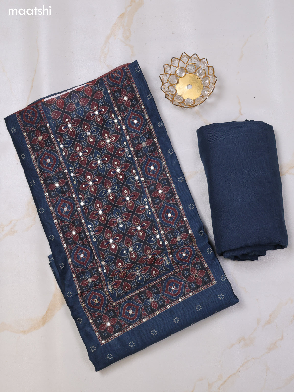 Blue and Maroon Chanderi Dress Material With Butta Prints & Pitta Work Neck Pattern and Bottom & Dupatta