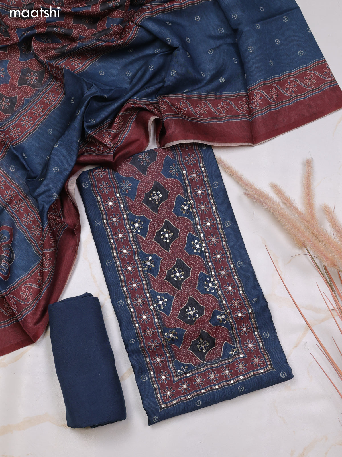 Blue and Maroon Chanderi Dress Material With Butta Prints & Pitta Work Neck Pattern and Bottom & Dupatta