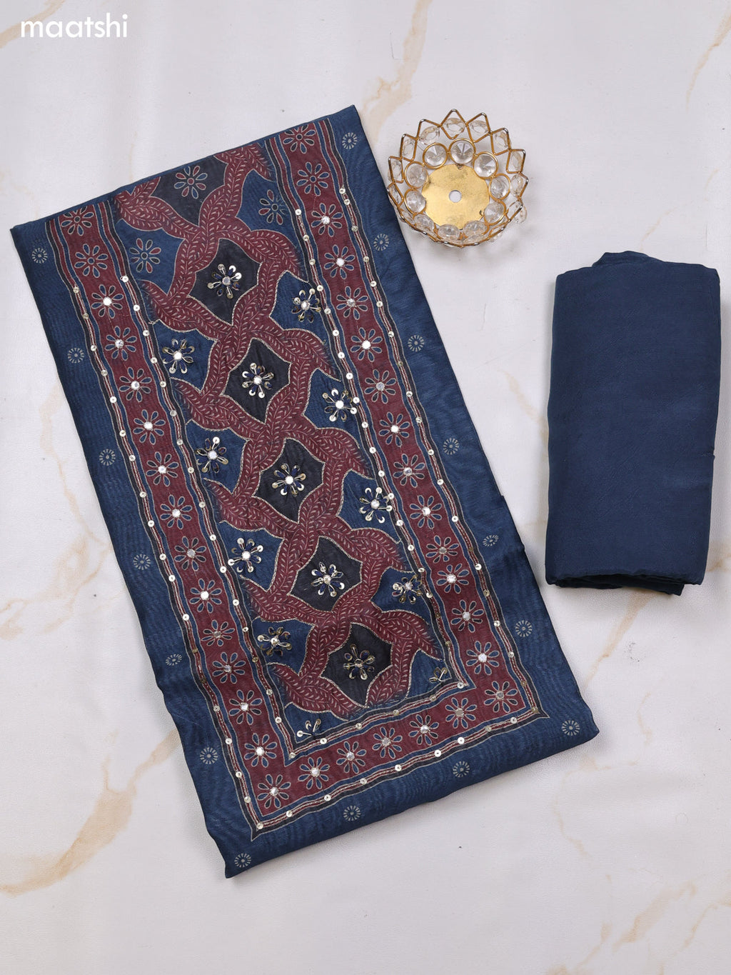 Blue and Maroon Chanderi Dress Material With Butta Prints & Pitta Work Neck Pattern and Bottom & Dupatta