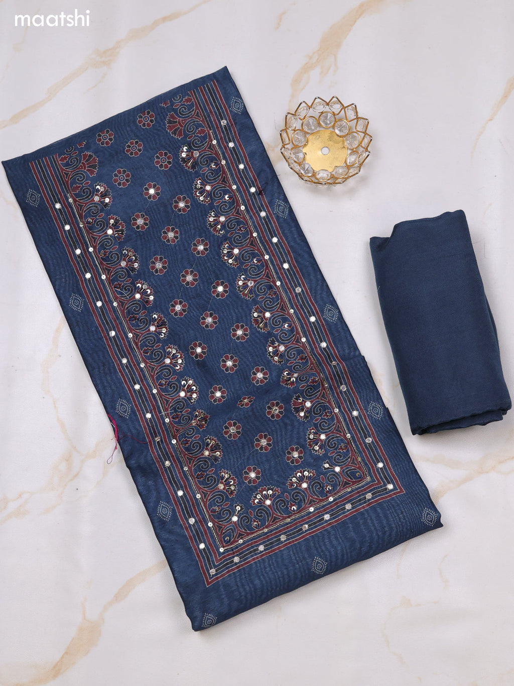 Blue and Maroon Chanderi Dress Material With Butta Prints & Pitta Work Neck Pattern and Bottom & Dupatta