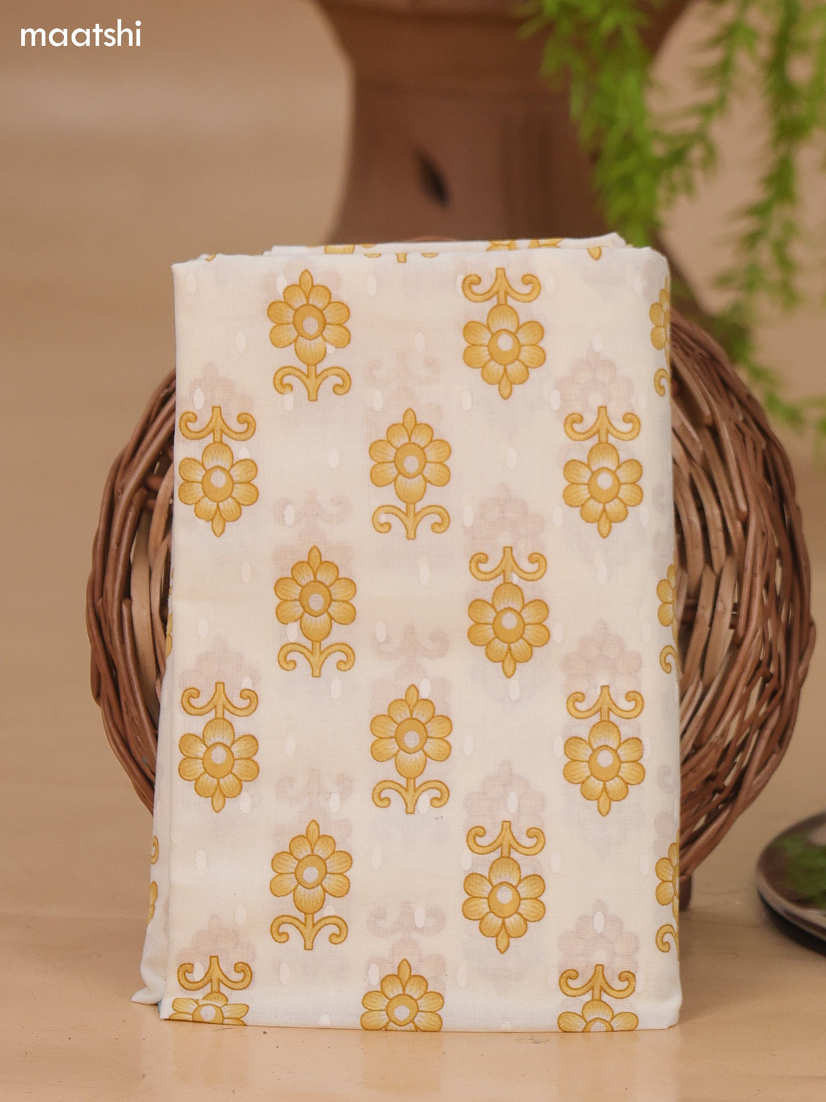 Off White and Mustard Cotton Dress Material With Allover Floral Prints and Lace Work Neck Pattern and Bottom & Dupatta