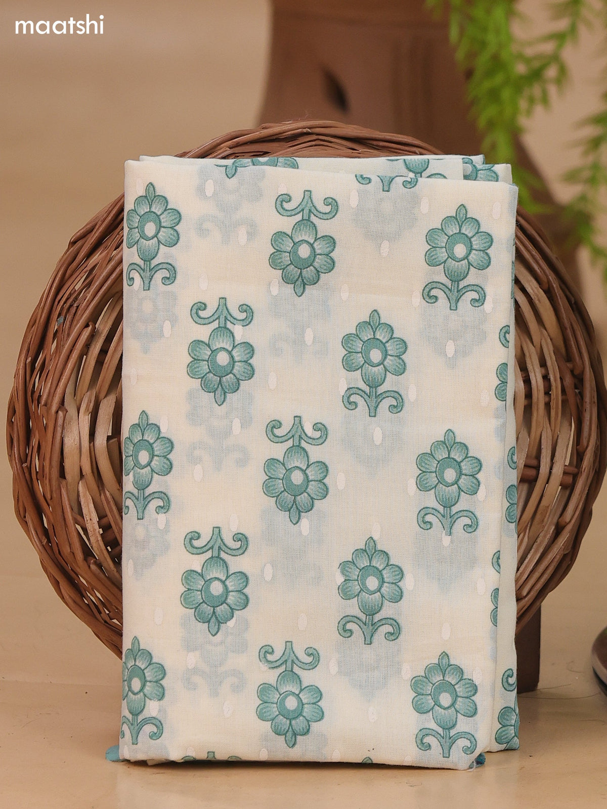 Off White and Teal Green Cotton Dress Material With Allover Floral Prints and Lace Work Neck Pattern and Bottom & Dupatta