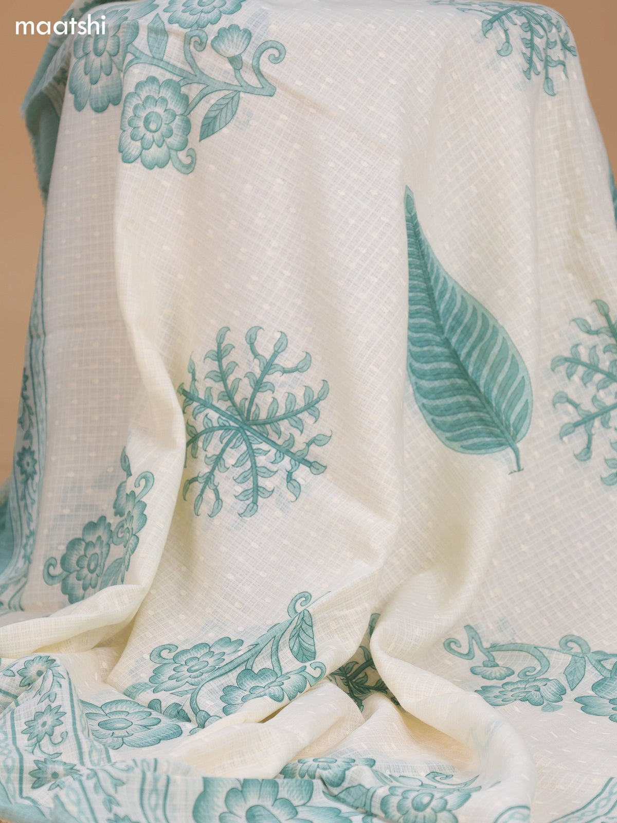 Off White and Teal Green Cotton Dress Material With Allover Floral Prints and Lace Work Neck Pattern and Bottom & Dupatta