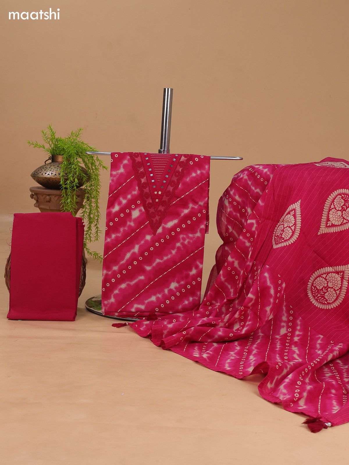 Pink Cotton Dress Material With Allover Shibori Prints & Embroidery Work Neck Pattern and Bottom & Dupatta