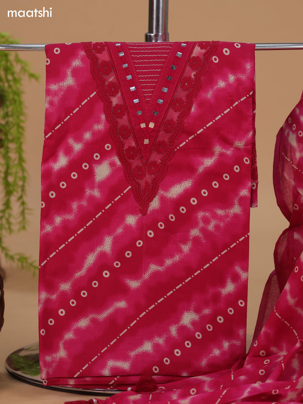 Pink Cotton Dress Material With Allover Shibori Prints & Embroidery Work Neck Pattern and Bottom & Dupatta