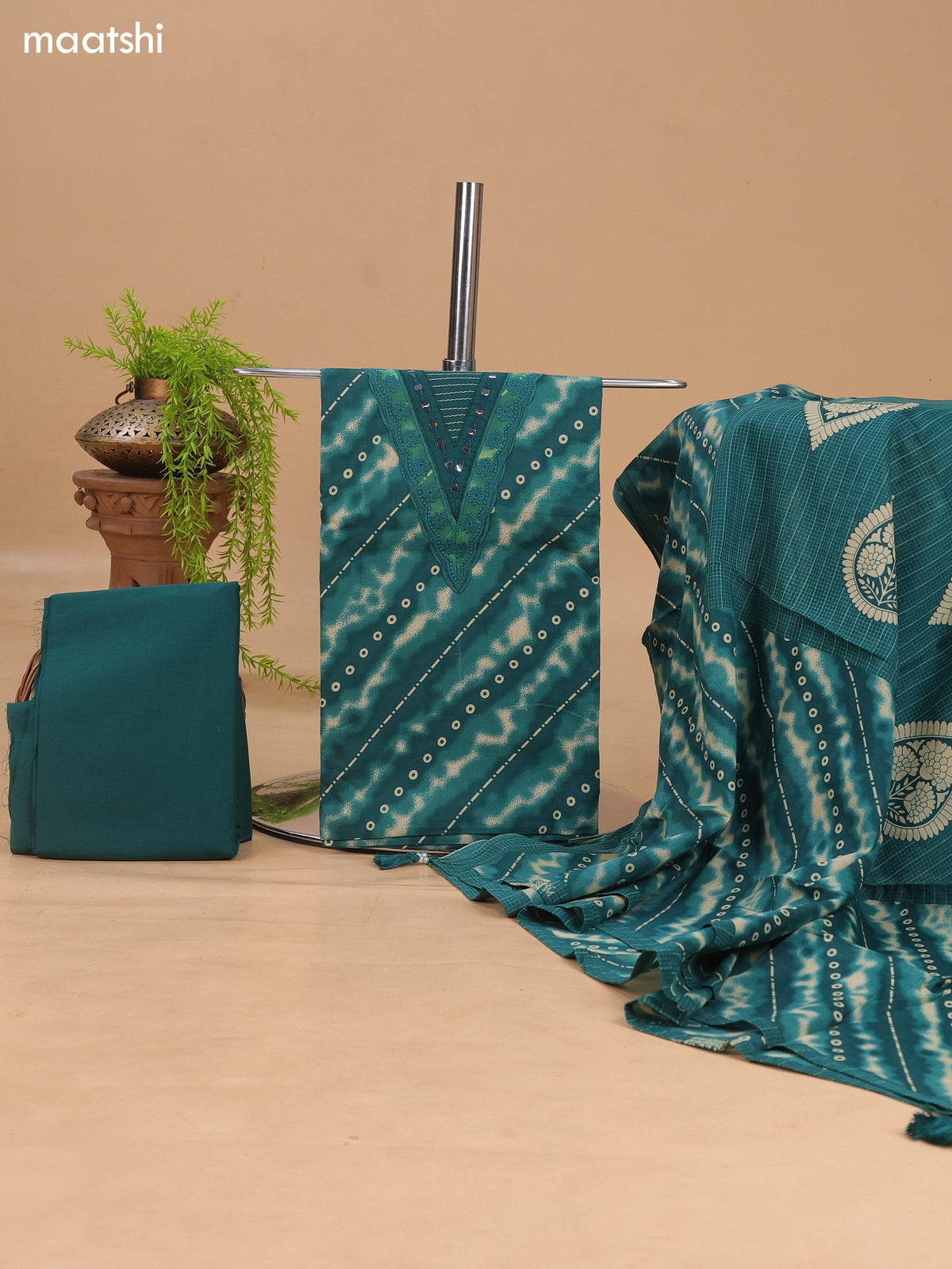Green Cotton Dress Material With Allover Shibori Prints & Embroidery Work Neck Pattern and Bottom & Dupatta
