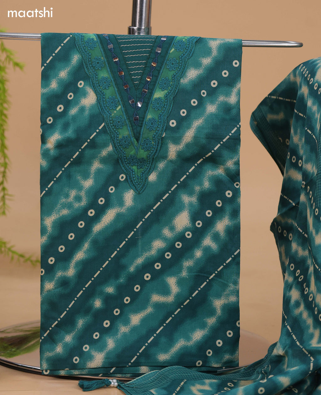 Green Cotton Dress Material With Allover Shibori Prints & Embroidery Work Neck Pattern and Bottom & Dupatta