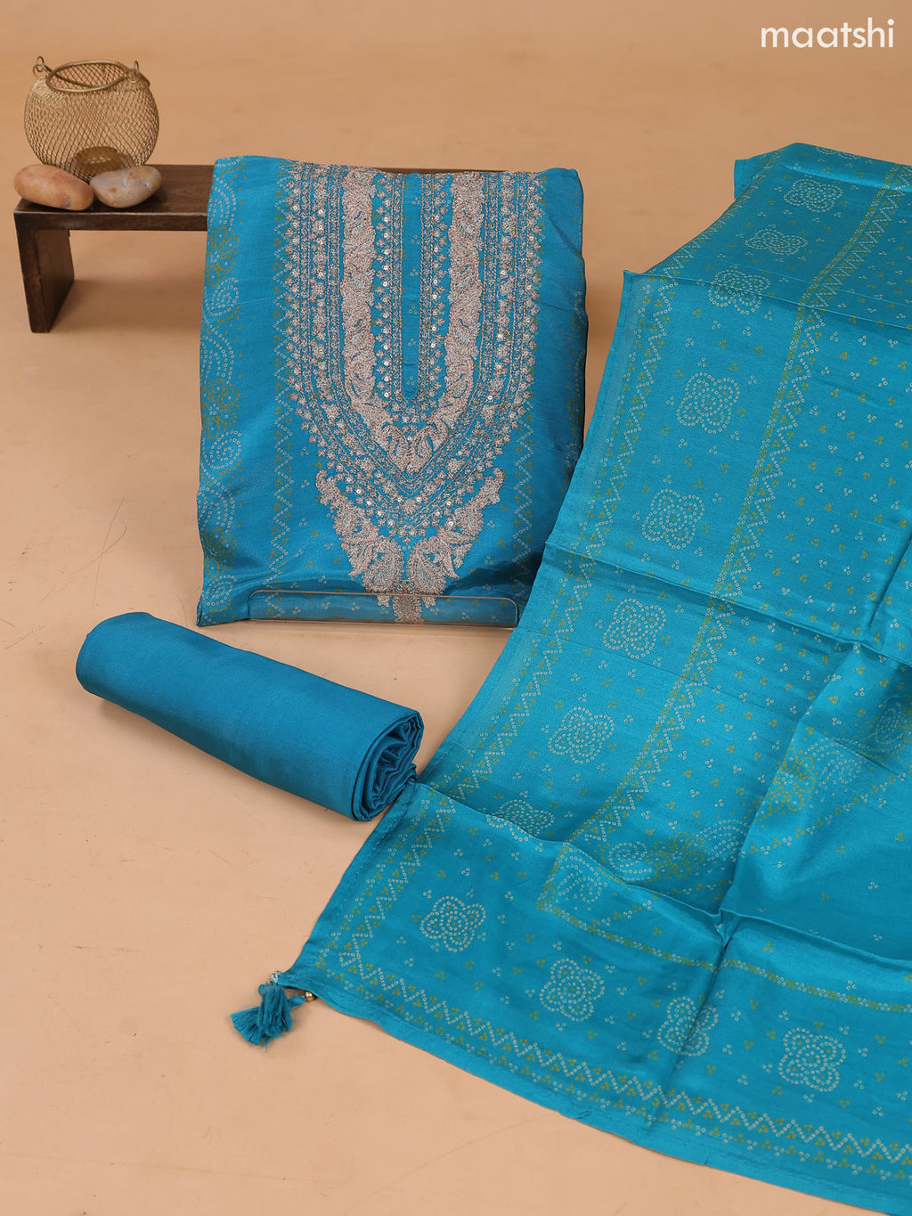 Peacock Blue Art Tussar Dress Material With Bandhini Printed & Embroidery Work Neck Pattern and Bottom & Dupatta