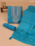 Peacock Blue Art Tussar Dress Material With Bandhini Printed & Embroidery Work Neck Pattern and Bottom & Dupatta