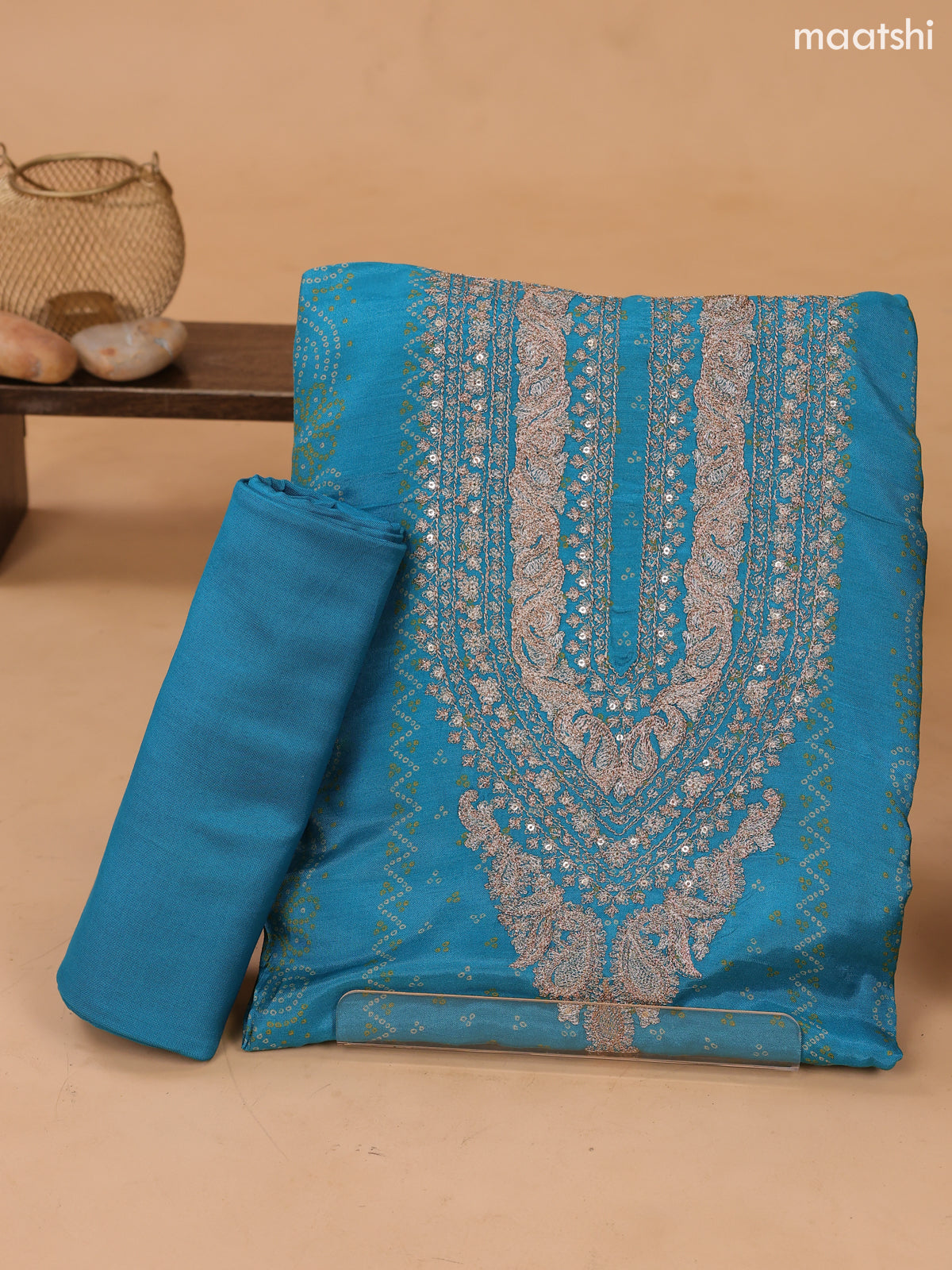 Peacock Blue Art Tussar Dress Material With Bandhini Printed & Embroidery Work Neck Pattern and Bottom & Dupatta