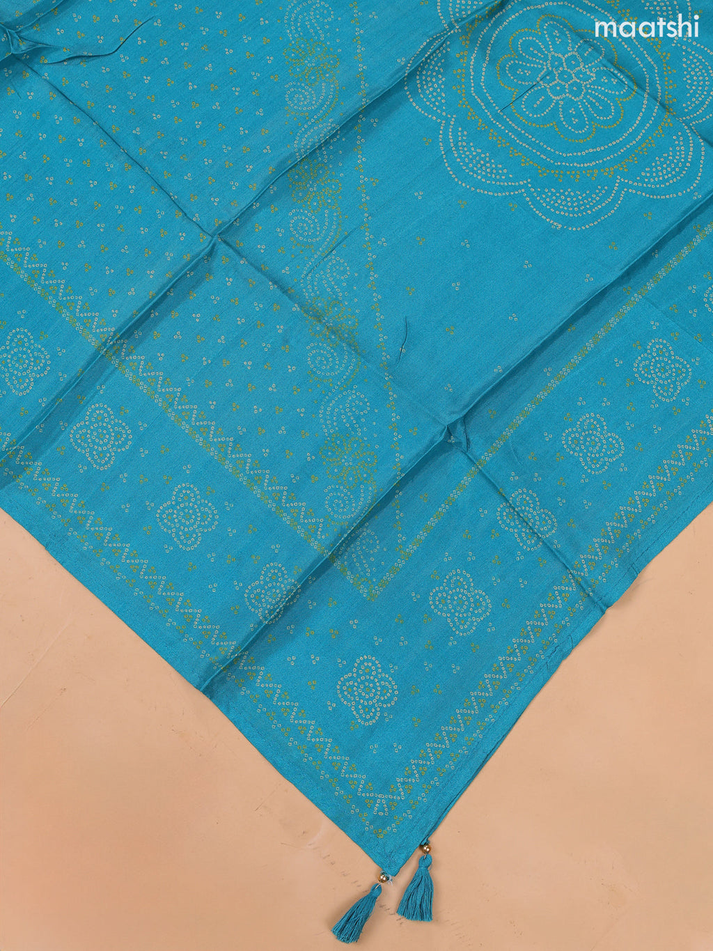 Peacock Blue Art Tussar Dress Material With Bandhini Printed & Embroidery Work Neck Pattern and Bottom & Dupatta