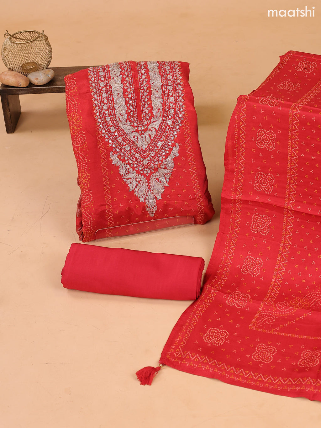 Red Art Tussar Dress Material With Bandhini Printed & Embroidery Work Neck Pattern and Bottom & Dupatta