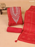Red Art Tussar Dress Material With Bandhini Printed & Embroidery Work Neck Pattern and Bottom & Dupatta