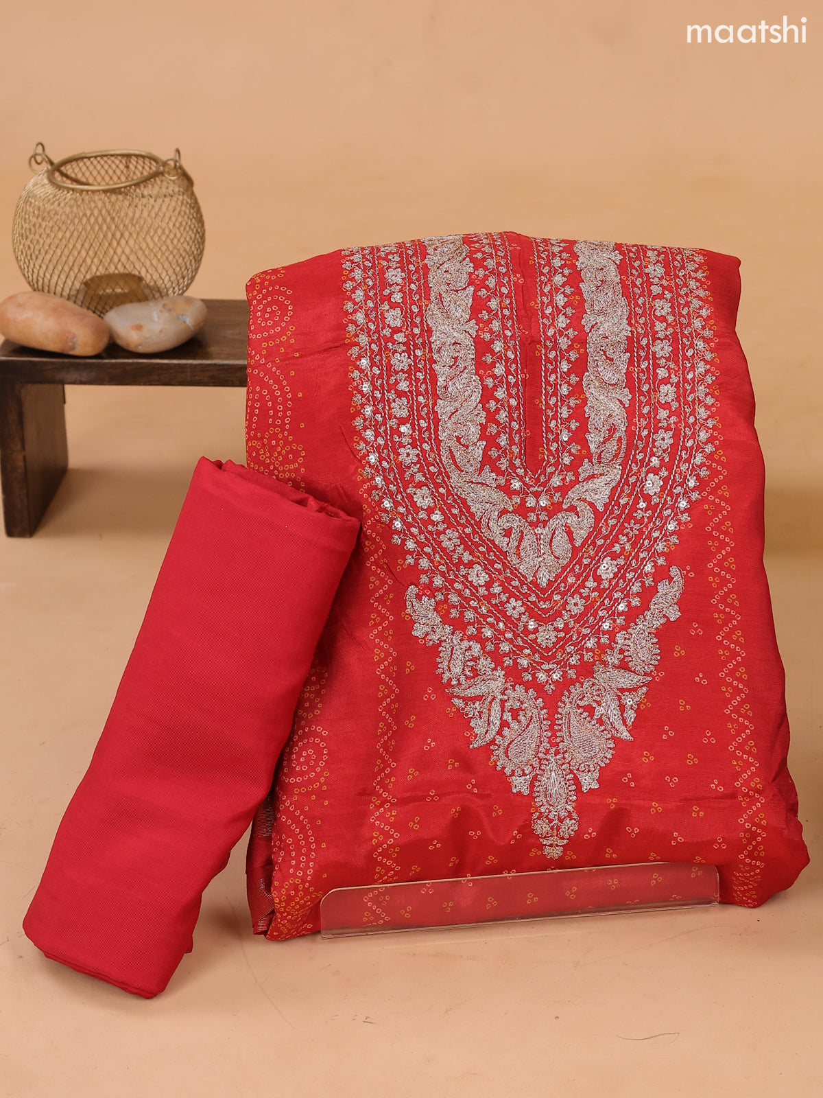 Red Art Tussar Dress Material With Bandhini Printed & Embroidery Work Neck Pattern and Bottom & Dupatta