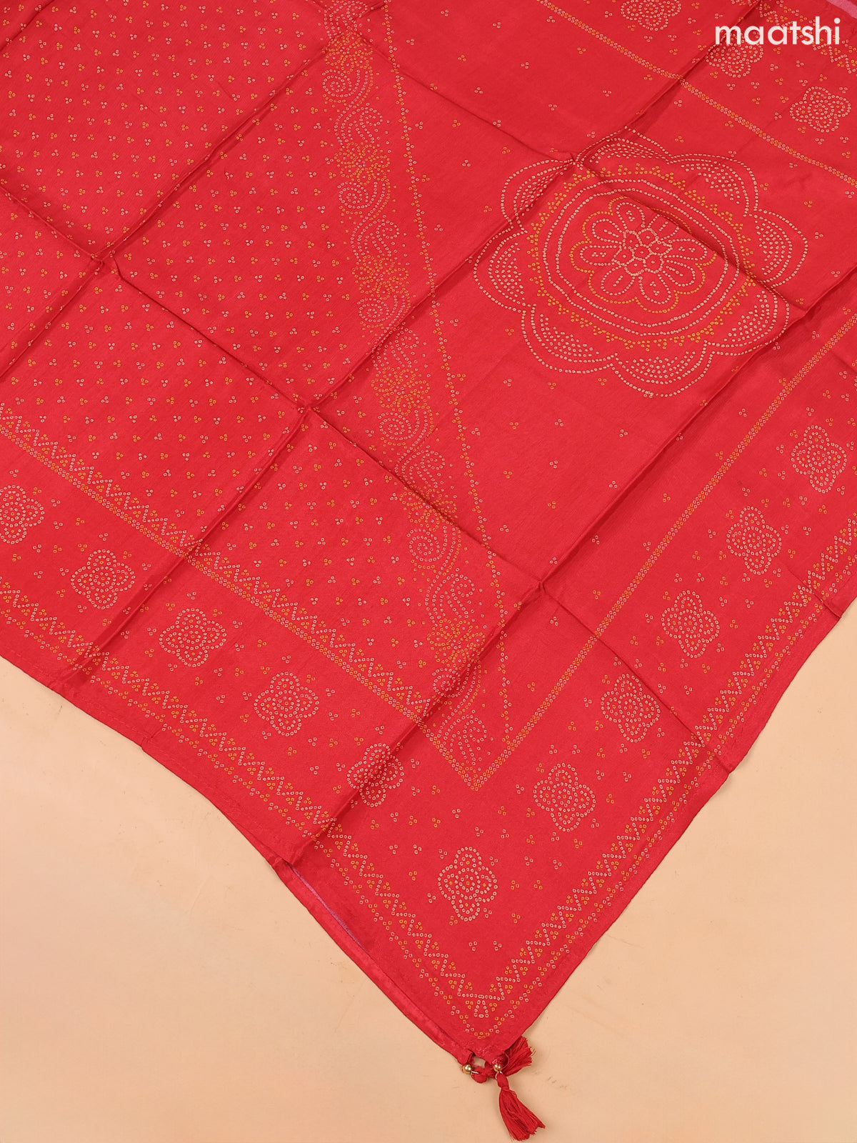 Red Art Tussar Dress Material With Bandhini Printed & Embroidery Work Neck Pattern and Bottom & Dupatta
