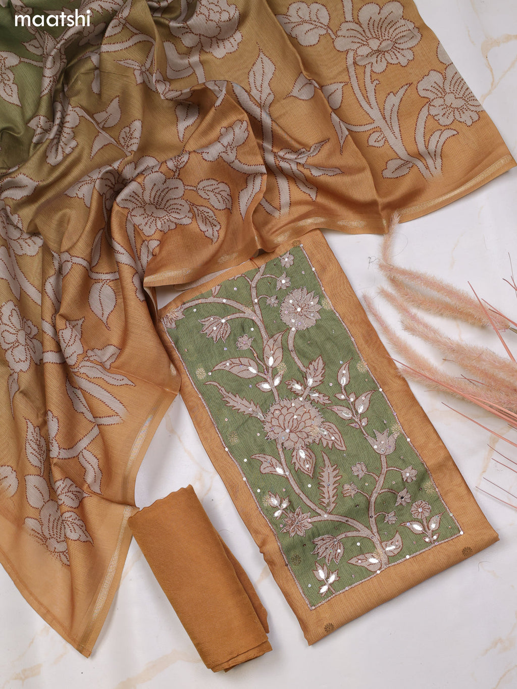 Mustard Yellow and Green Chanderi Dress Material With Floral Prints With Simple Embroidery Work and Bottom & Dupatta