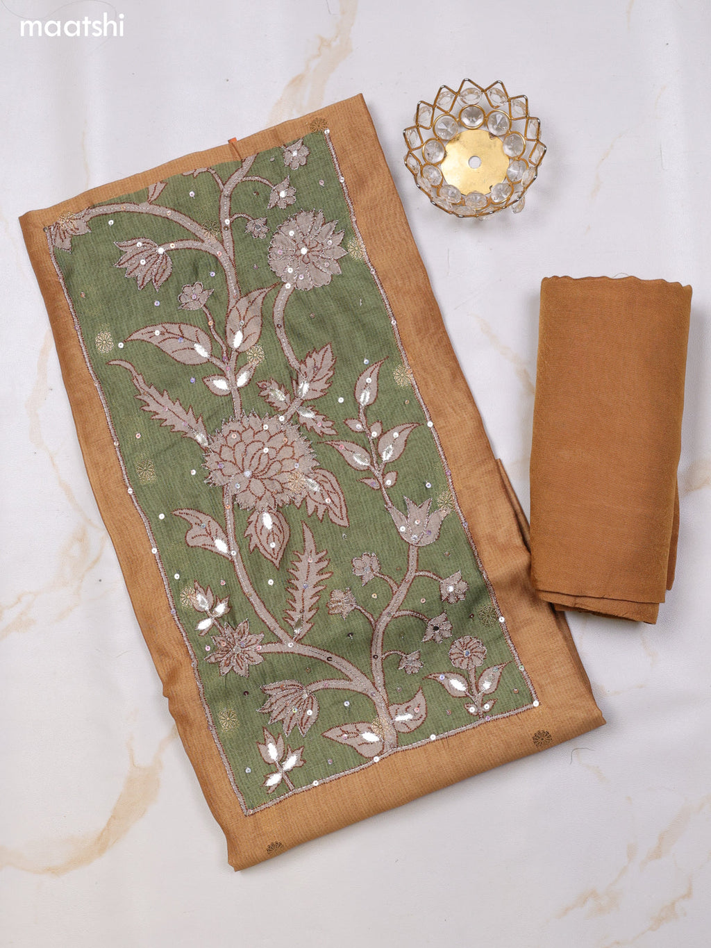 Mustard Yellow and Green Chanderi Dress Material With Floral Prints With Simple Embroidery Work and Bottom & Dupatta