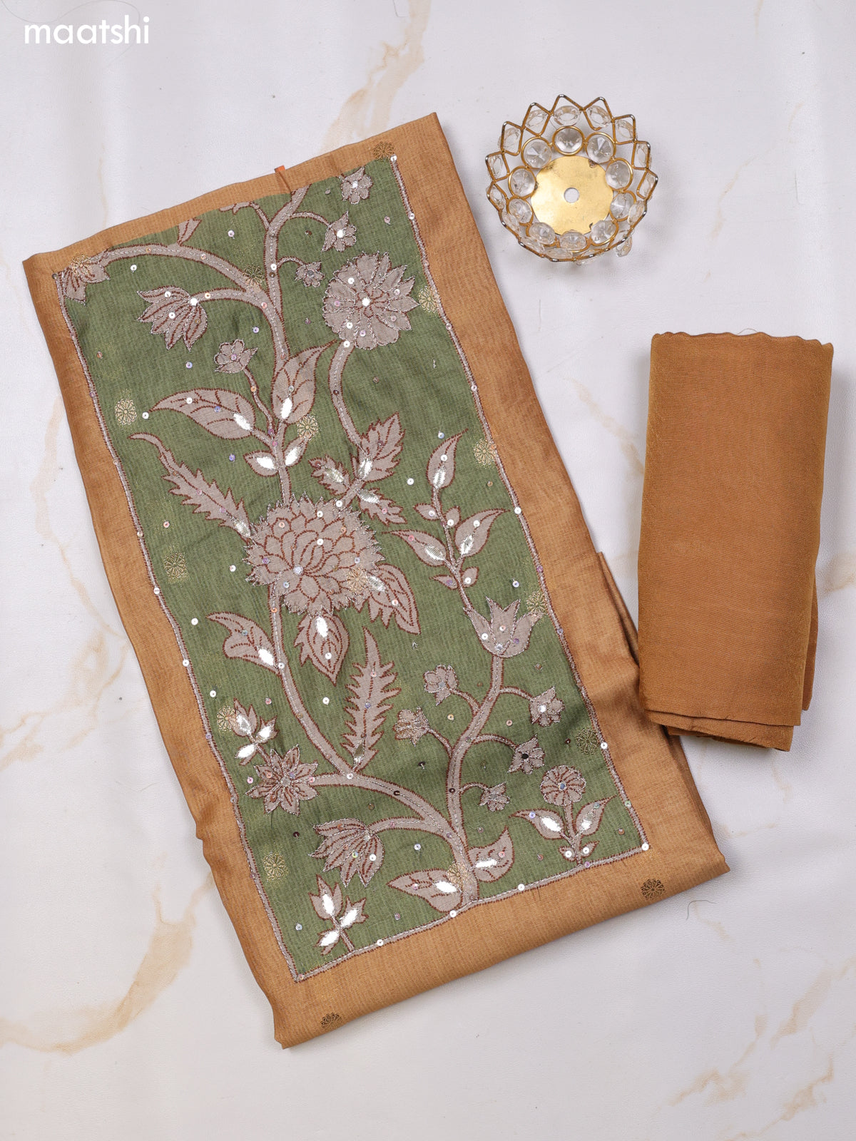 Mustard Yellow and Green Chanderi Dress Material With Floral Prints With Simple Embroidery Work and Bottom & Dupatta