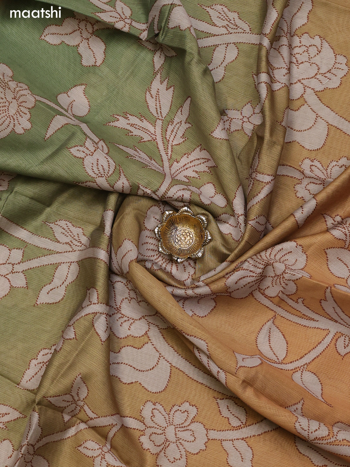 Mustard Yellow and Green Chanderi Dress Material With Floral Prints With Simple Embroidery Work and Bottom & Dupatta