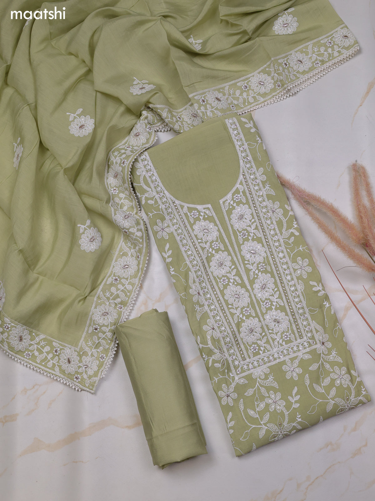 Pista Green Chanderi Dress Material With Allover Floral Embroidery Wok Pattern and Bottom & Dupatta