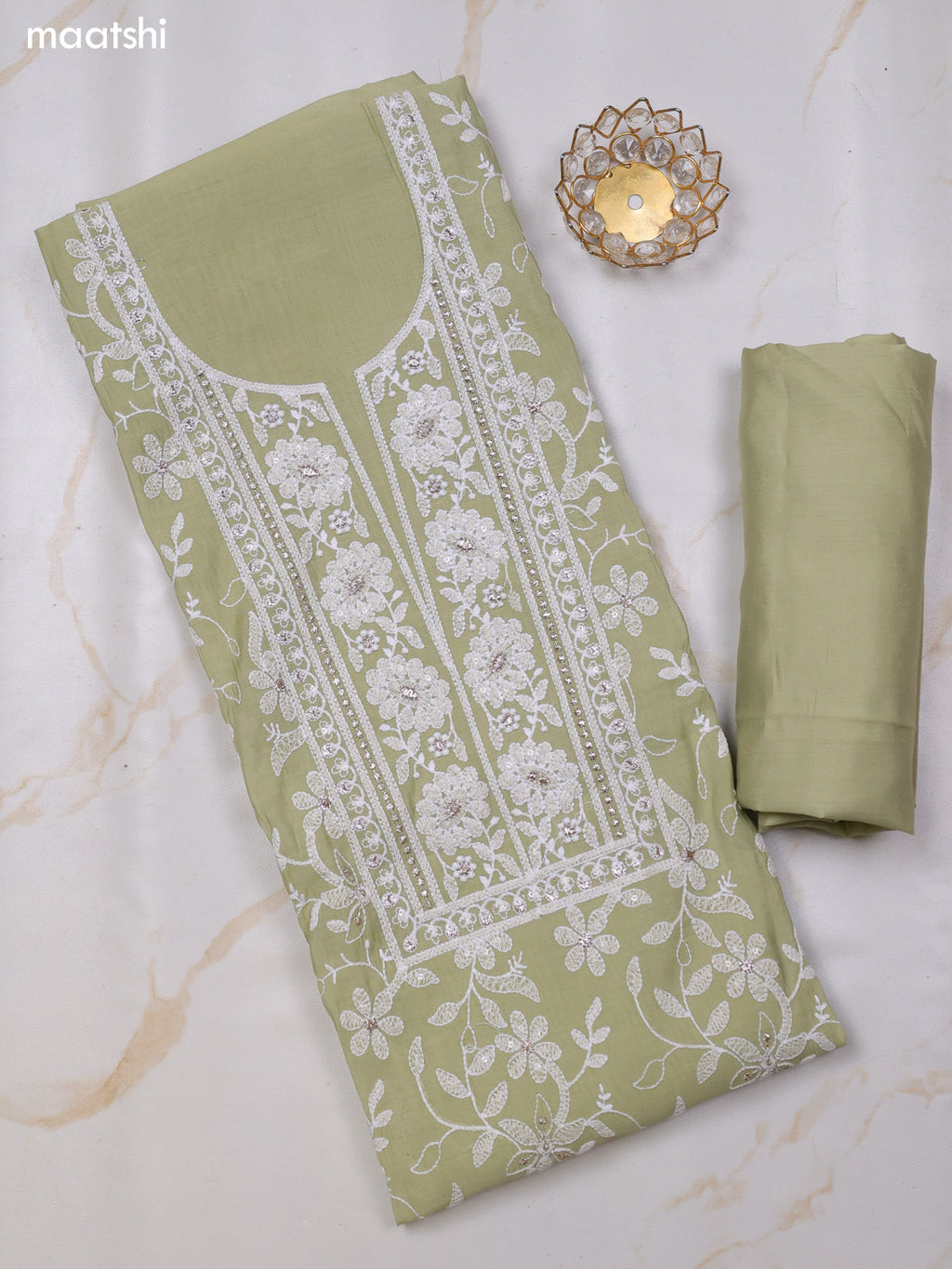 Pista Green Chanderi Dress Material With Allover Floral Embroidery Wok Pattern and Bottom & Dupatta