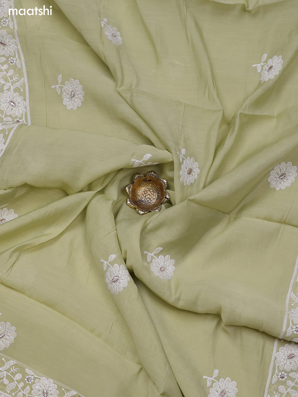 Pista Green Chanderi Dress Material With Allover Floral Embroidery Wok Pattern and Bottom & Dupatta