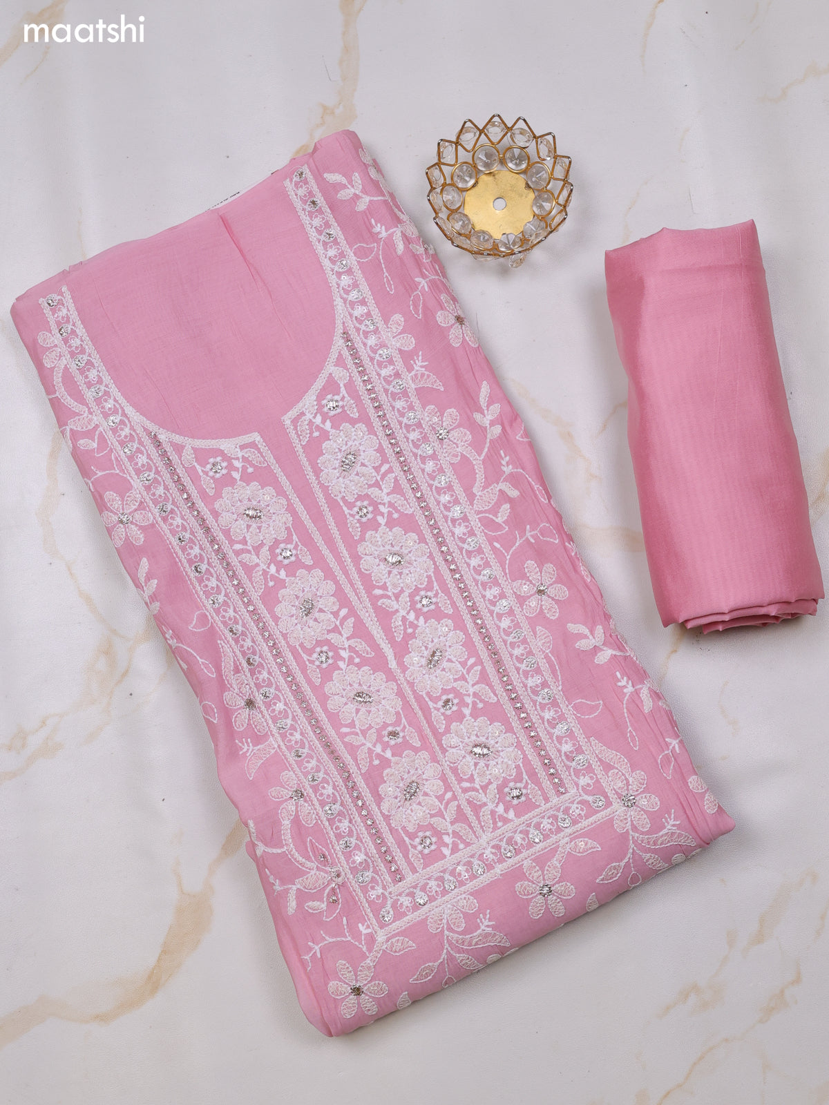 Baby Pink Chanderi Dress Material With Allover Floral Embroidery Wok Pattern and Bottom & Dupatta