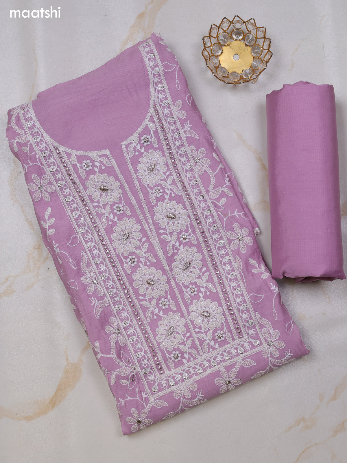 Lavender Chanderi Dress Material With Allover Floral Embroidery Wok Pattern and Bottom & Dupatta