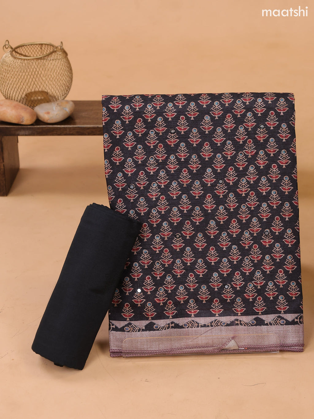 Black and Biege Art Tussar Dress Materials With Printed & Embroidery Work Pattern and Bottom & Dupatta