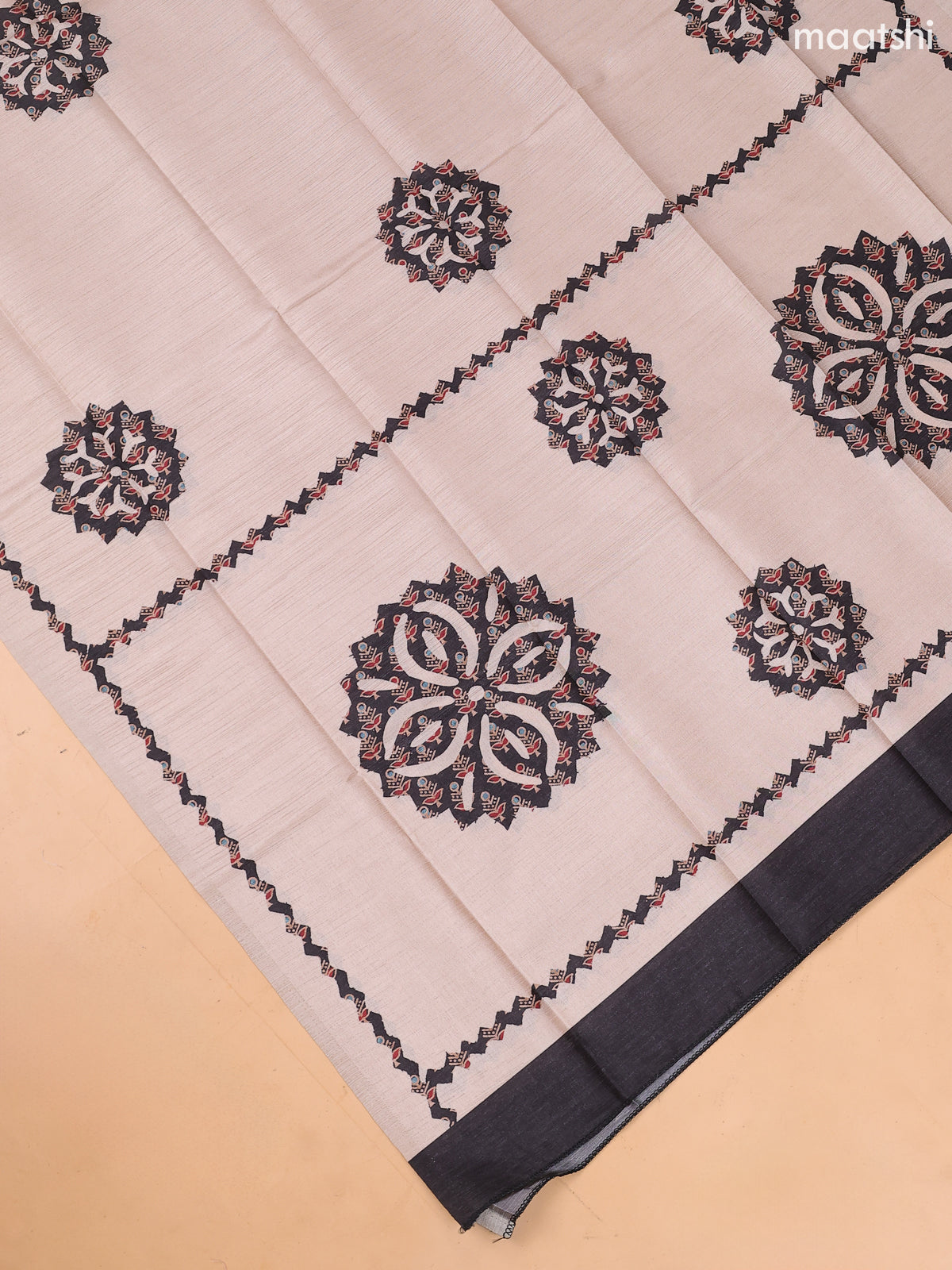Black and Biege Art Tussar Dress Materials With Printed & Embroidery Work Pattern and Bottom & Dupatta