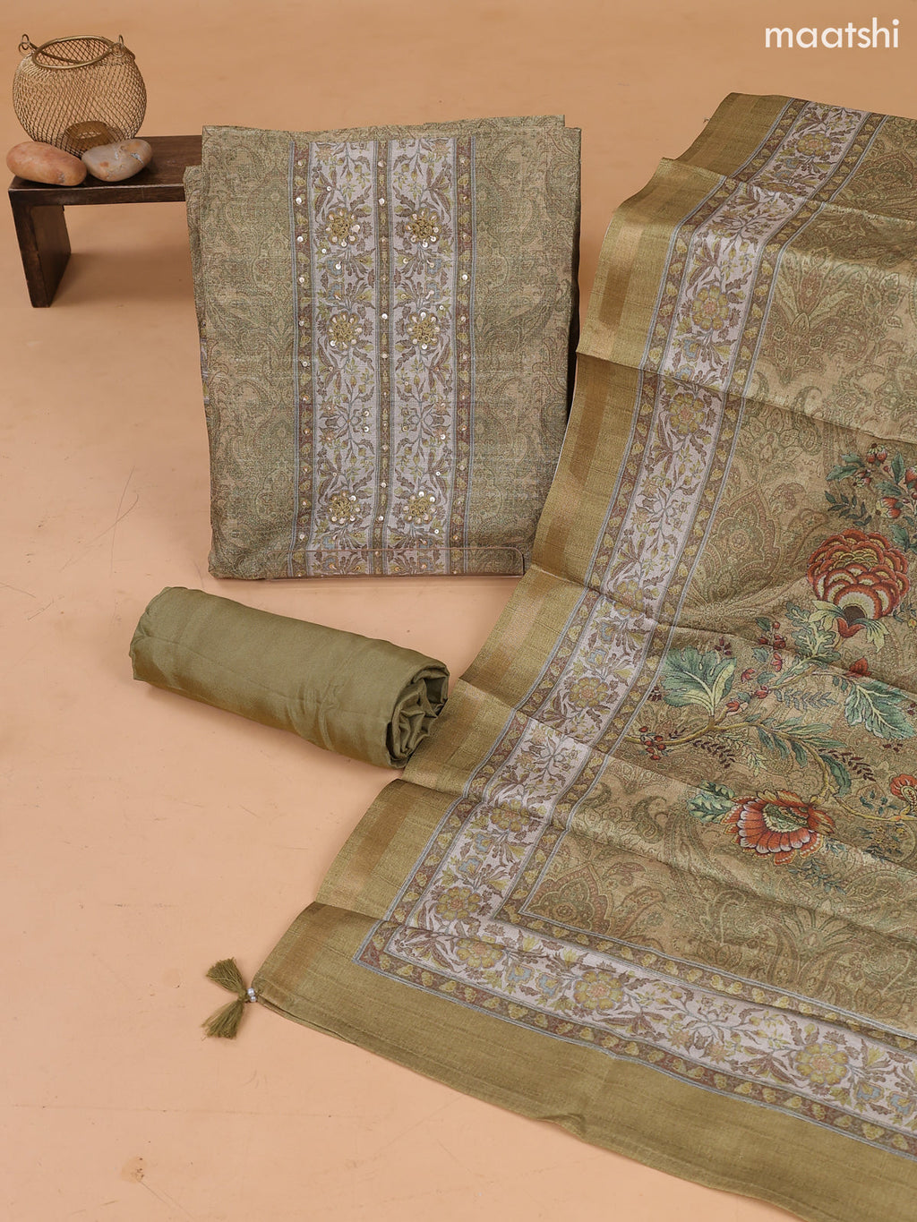 Mehendi Green and Sandal Art Tussar Dress Material With Prints & Embroidery Work Pattern and Bottom & Dupatta