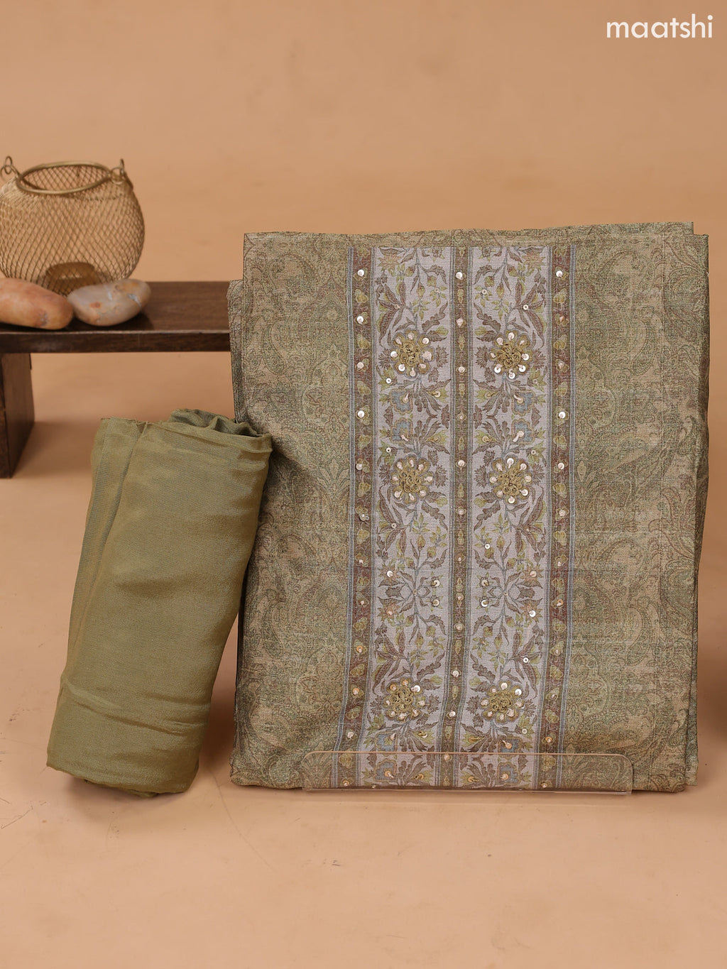 Mehendi Green and Sandal Art Tussar Dress Material With Prints & Embroidery Work Pattern and Bottom & Dupatta