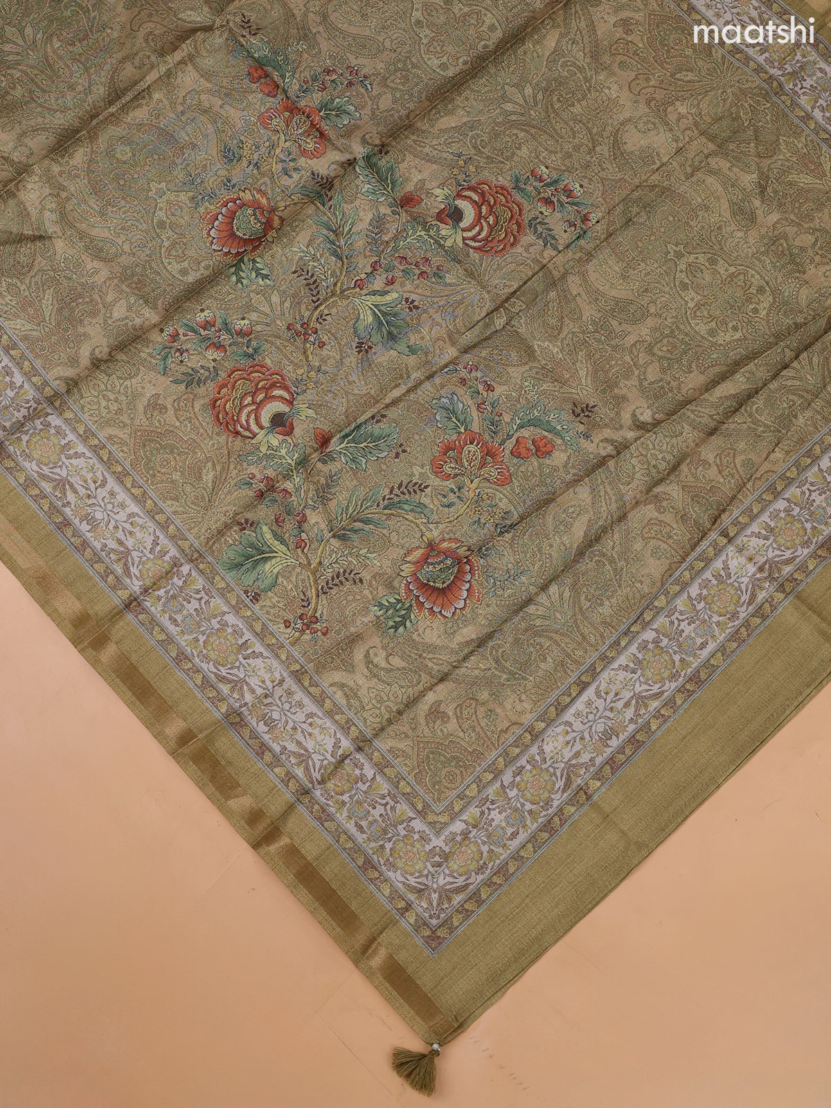 Mehendi Green and Sandal Art Tussar Dress Material With Prints & Embroidery Work Pattern and Bottom & Dupatta