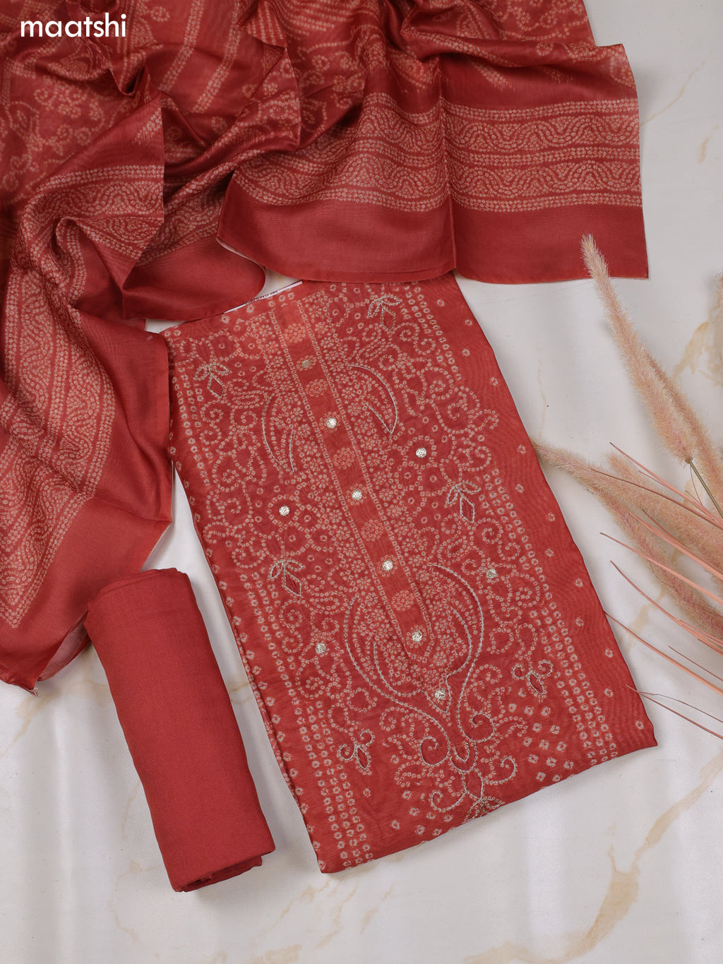Rust and Off White Chanderi Dress Material With Allover Bandhini Prints & Simple Embroidery Work Neck Pattern and Bottom & Dupatta