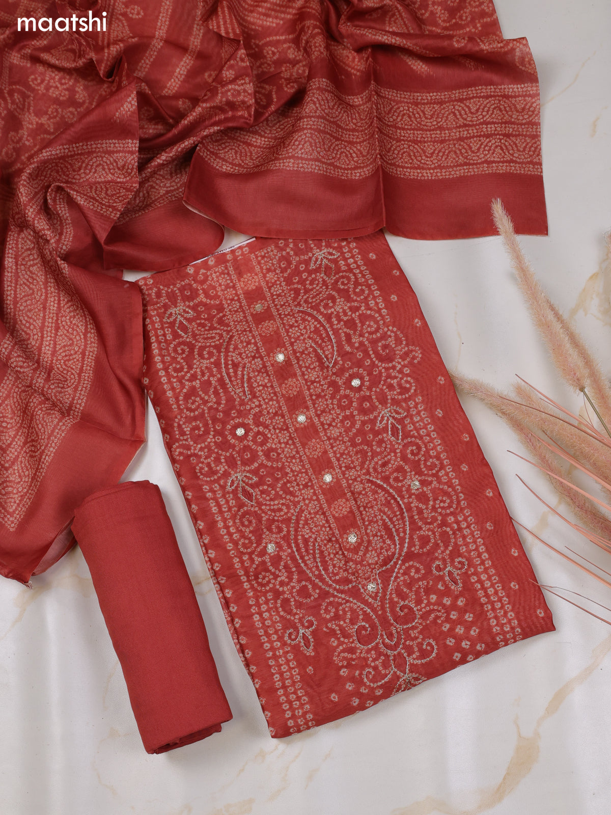 Rust and Off White Chanderi Dress Material With Allover Bandhini Prints & Simple Embroidery Work Neck Pattern and Bottom & Dupatta