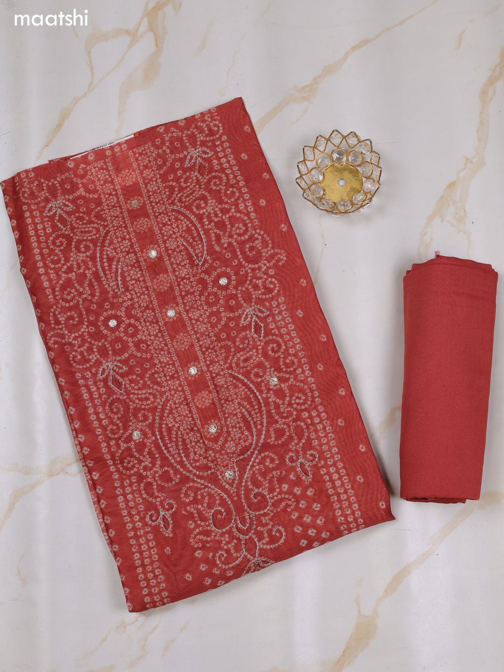 Rust and Off White Chanderi Dress Material With Allover Bandhini Prints & Simple Embroidery Work Neck Pattern and Bottom & Dupatta