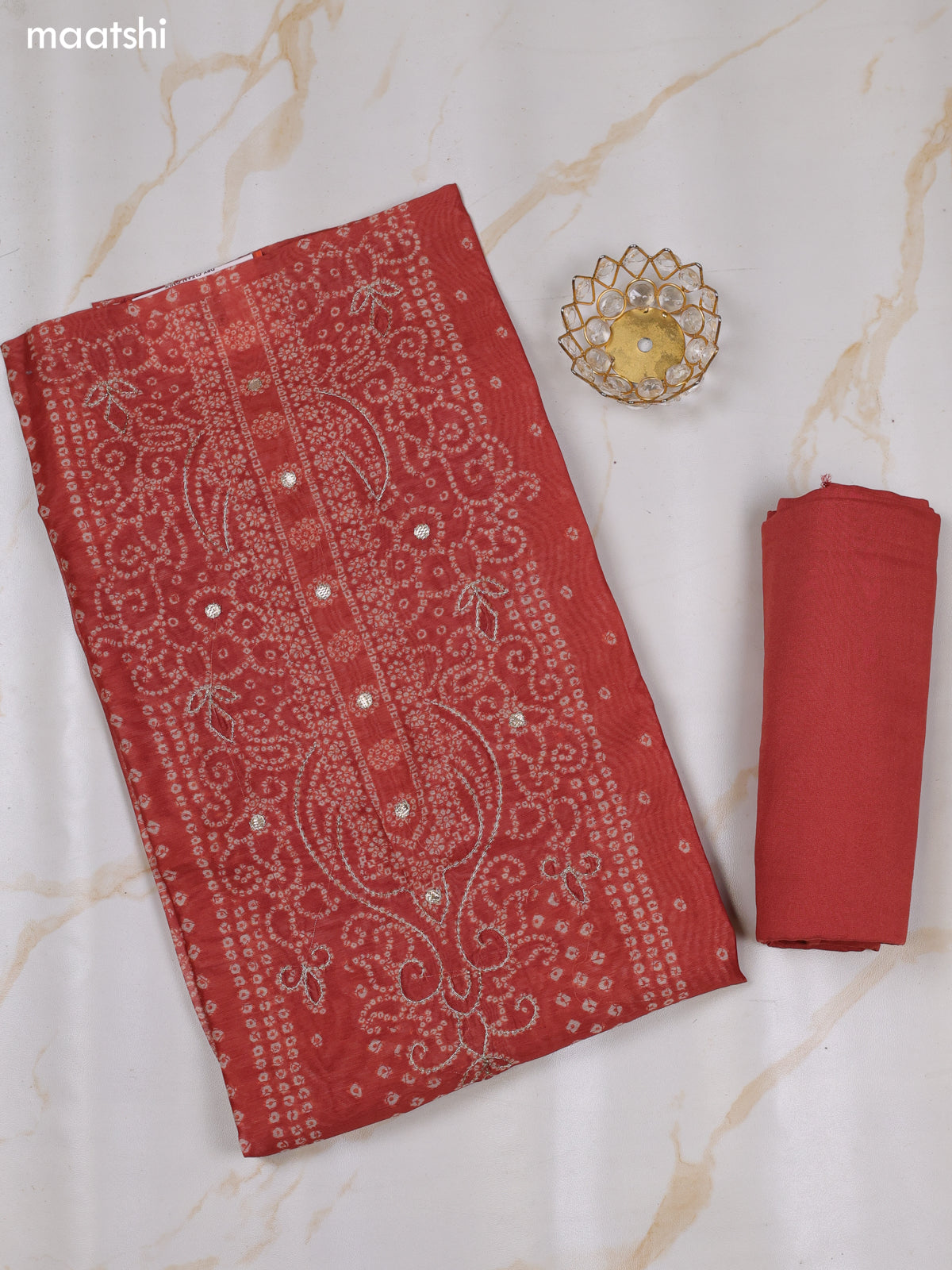 Rust and Off White Chanderi Dress Material With Allover Bandhini Prints & Simple Embroidery Work Neck Pattern and Bottom & Dupatta