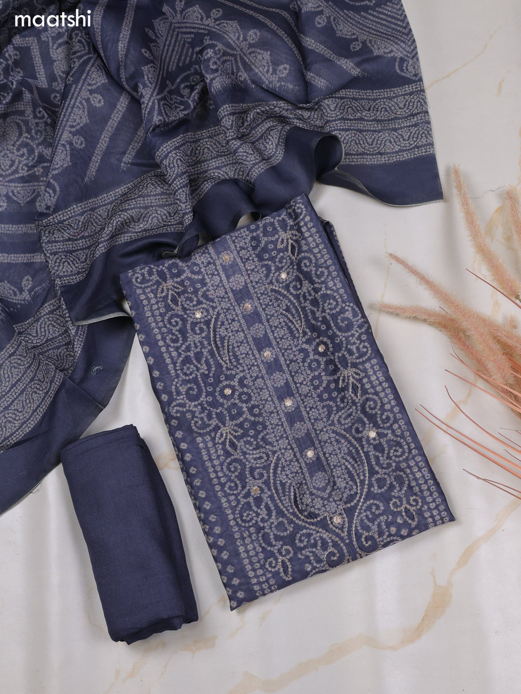 Bluish Grey and Off White Chanderi Dress Material With Allover Bandhini Prints & Simple Embroidery Work Neck Pattern and Bottom & Dupatta