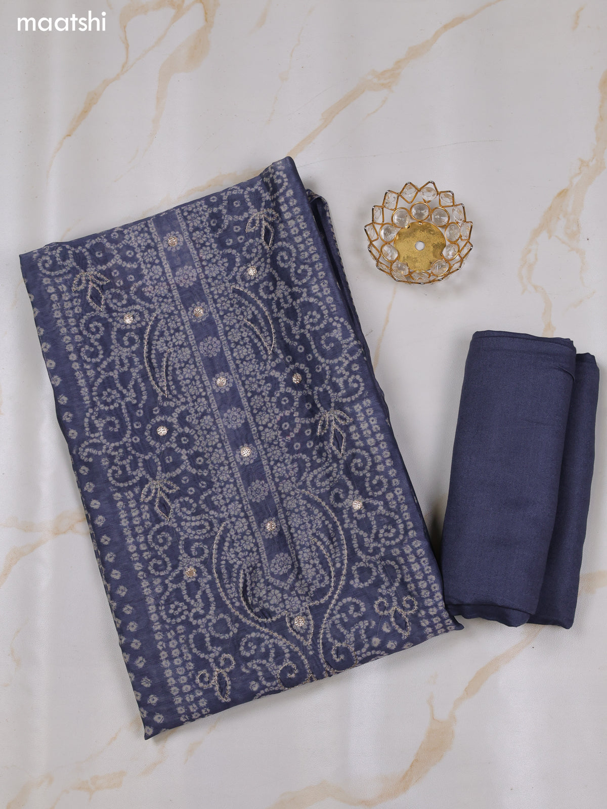 Bluish Grey and Off White Chanderi Dress Material With Allover Bandhini Prints & Simple Embroidery Work Neck Pattern and Bottom & Dupatta