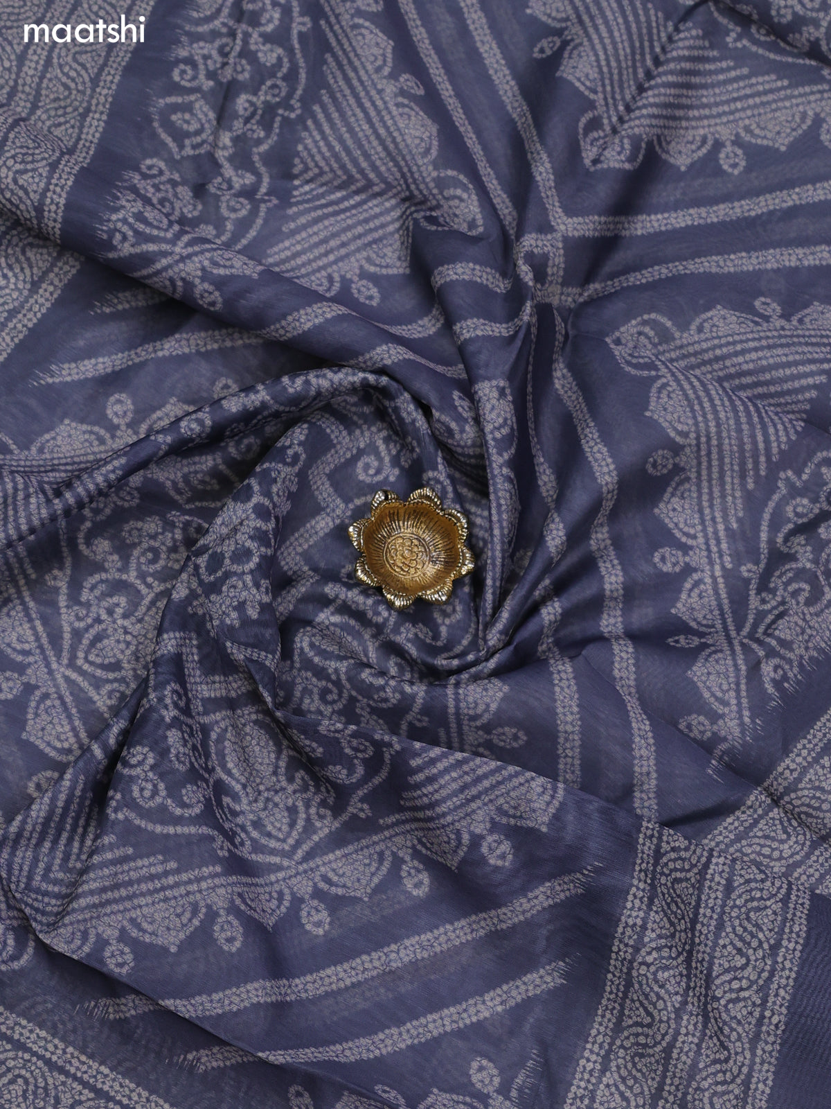 Bluish Grey and Off White Chanderi Dress Material With Allover Bandhini Prints & Simple Embroidery Work Neck Pattern and Bottom & Dupatta