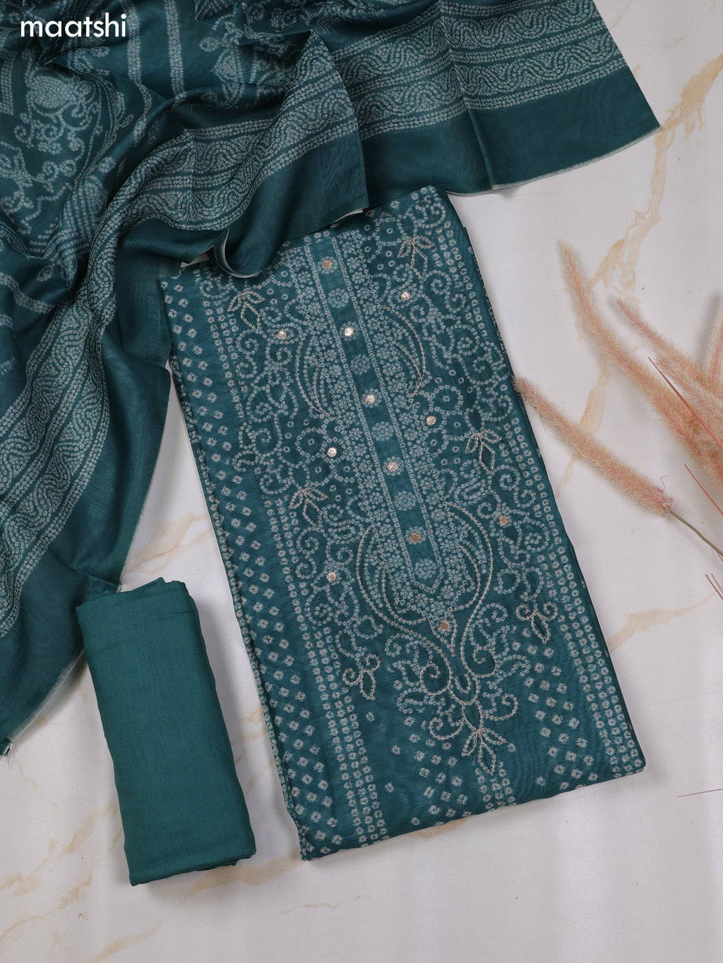 Green and Off White Chanderi Dress Material With Allover Bandhini Prints & Simple Embroidery Work Neck Pattern and Bottom & Dupatta