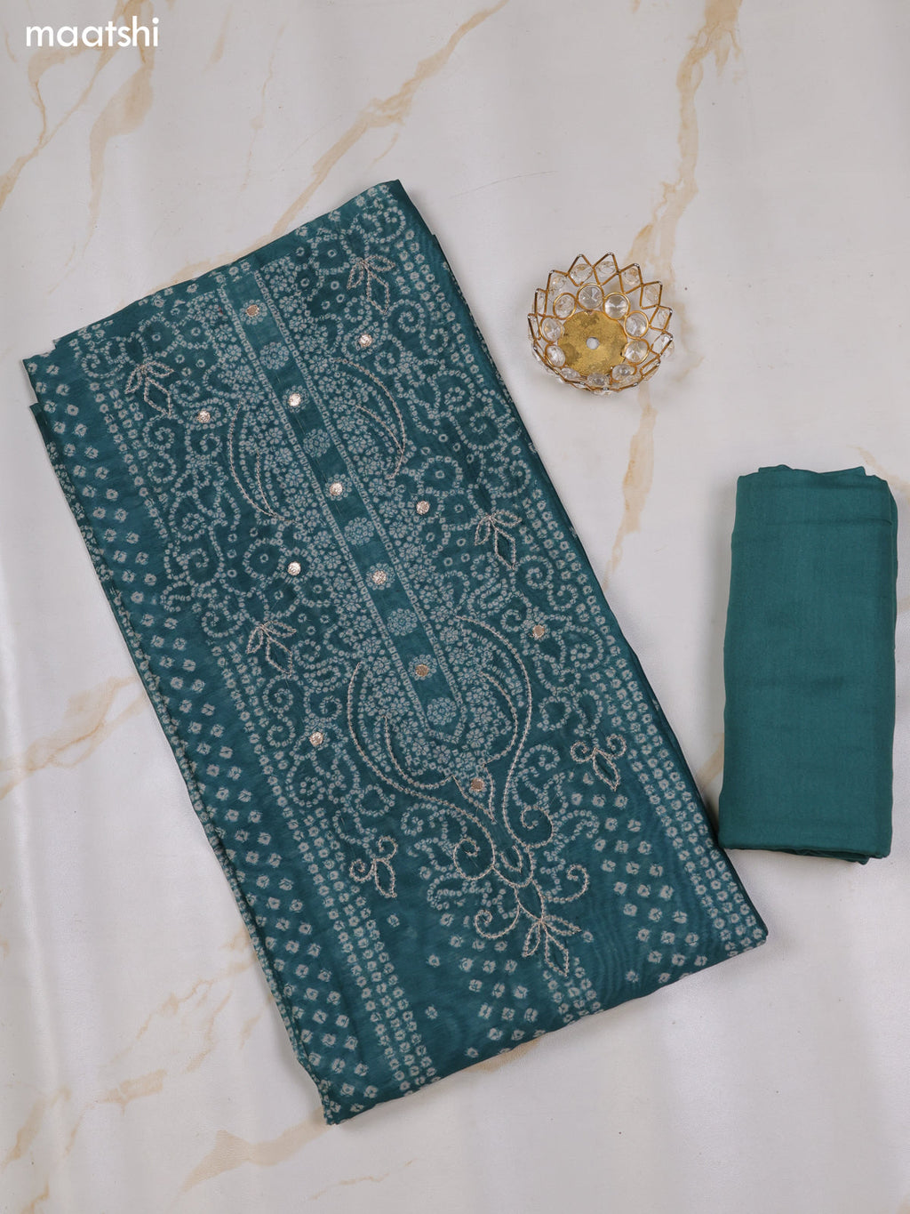 Green and Off White Chanderi Dress Material With Allover Bandhini Prints & Simple Embroidery Work Neck Pattern and Bottom & Dupatta