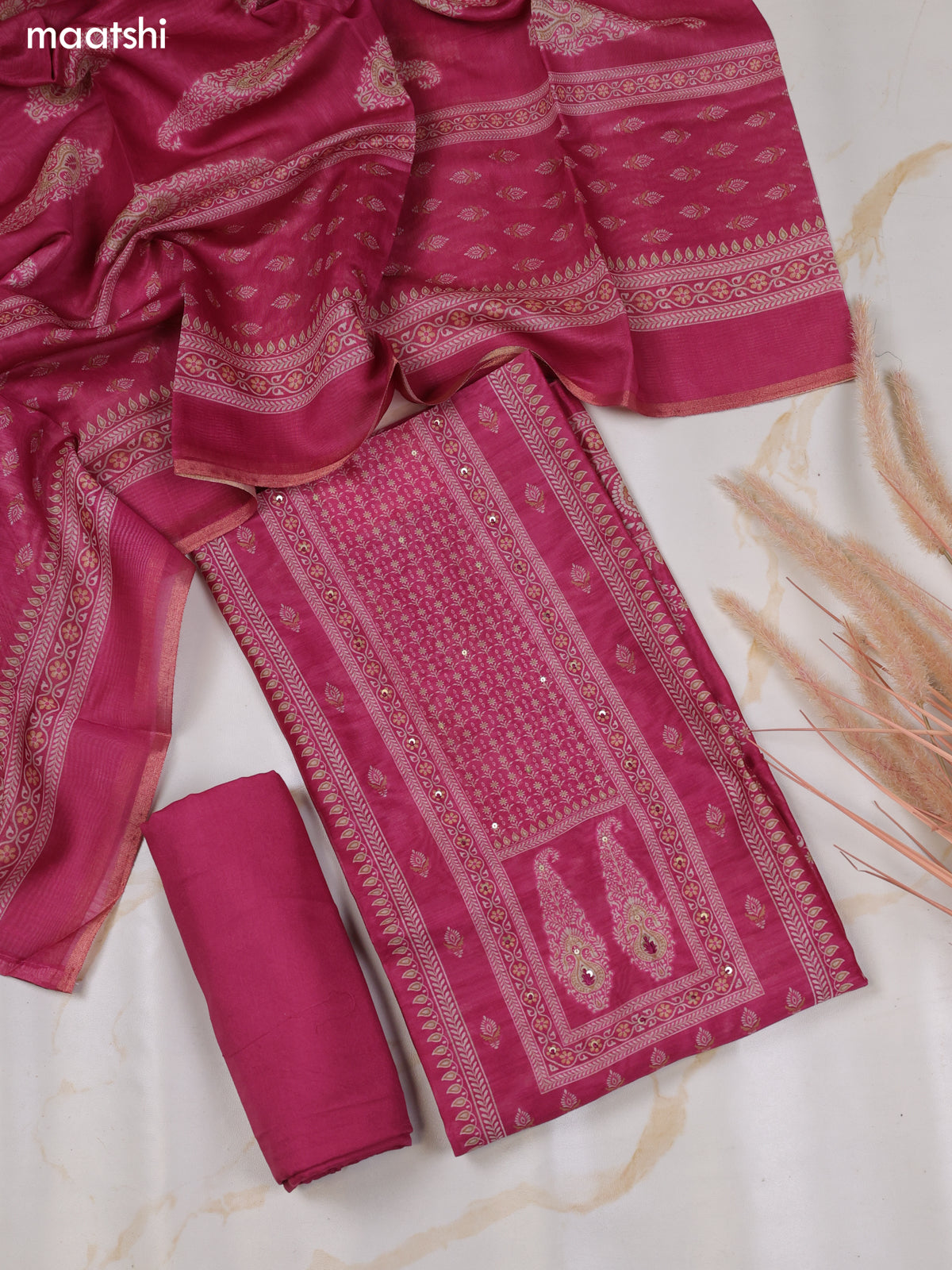 Pink Chanderi Dress Material With Floral Butta Prints & Simple Embroidery Work Neck Pattern and Bottom & Dupatta